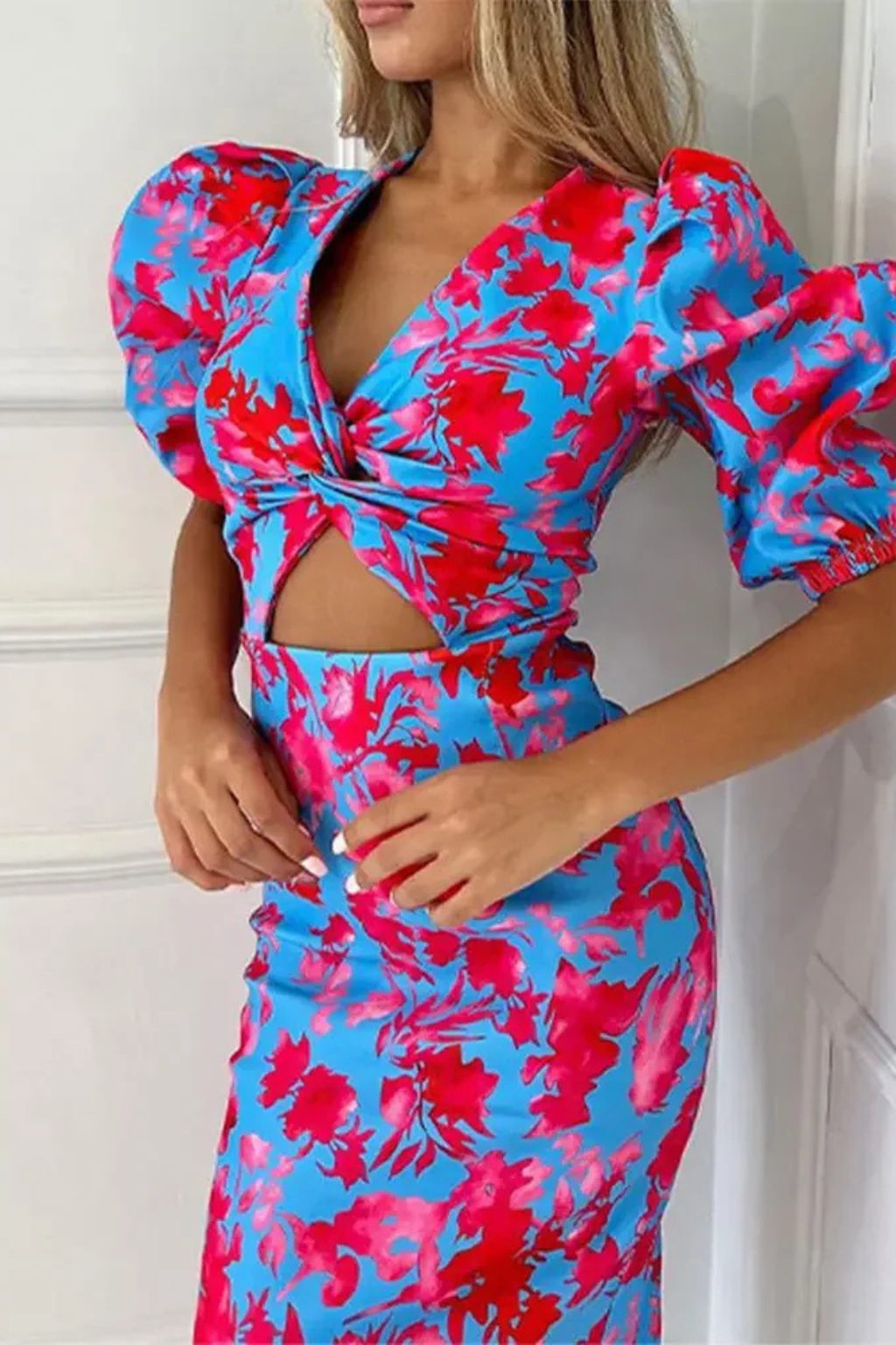 Women's Floral Printed Puff Sleeve Midi Dress - Summer Occasion