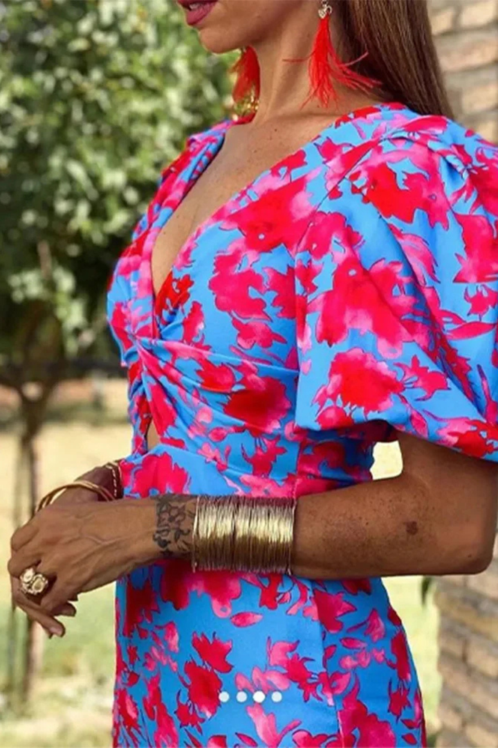 Women's Floral Printed Puff Sleeve Midi Dress - Summer Occasion