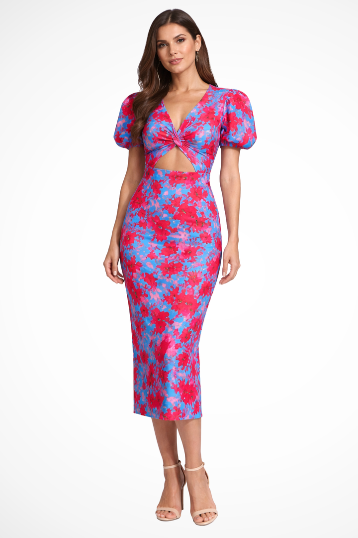 Women's Floral Printed Puff Sleeve Midi Dress - Summer Occasion