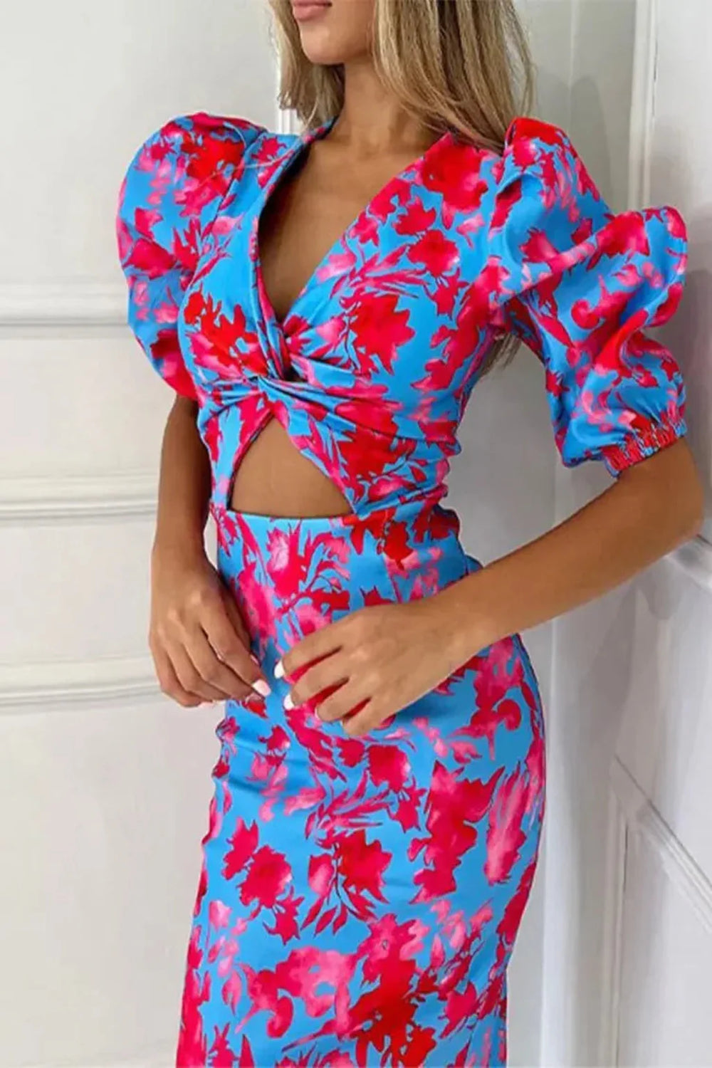 Women's Floral Puff Sleeve Cotton Midi Dress - Summer Occasion