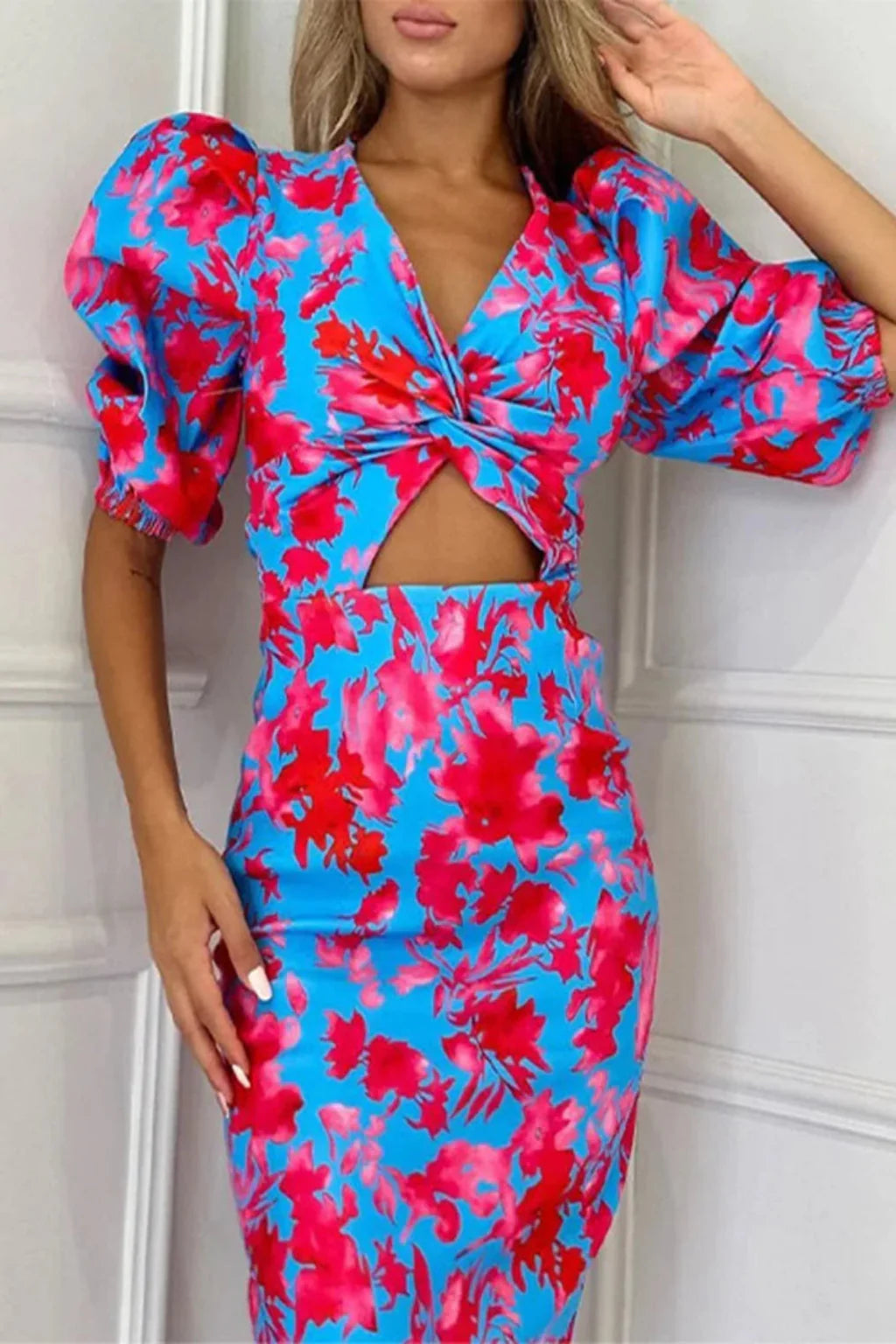 Women's Floral Puff Sleeve Cotton Midi Dress - Summer Occasion