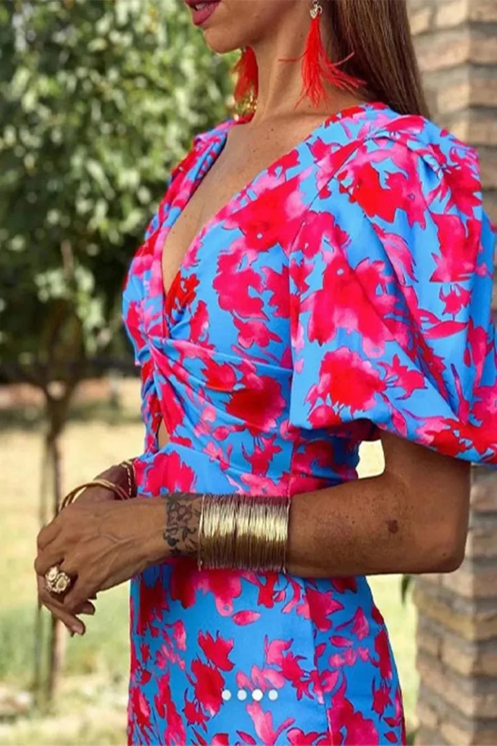 Women's Floral Puff Sleeve Cotton Midi Dress - Summer Occasion