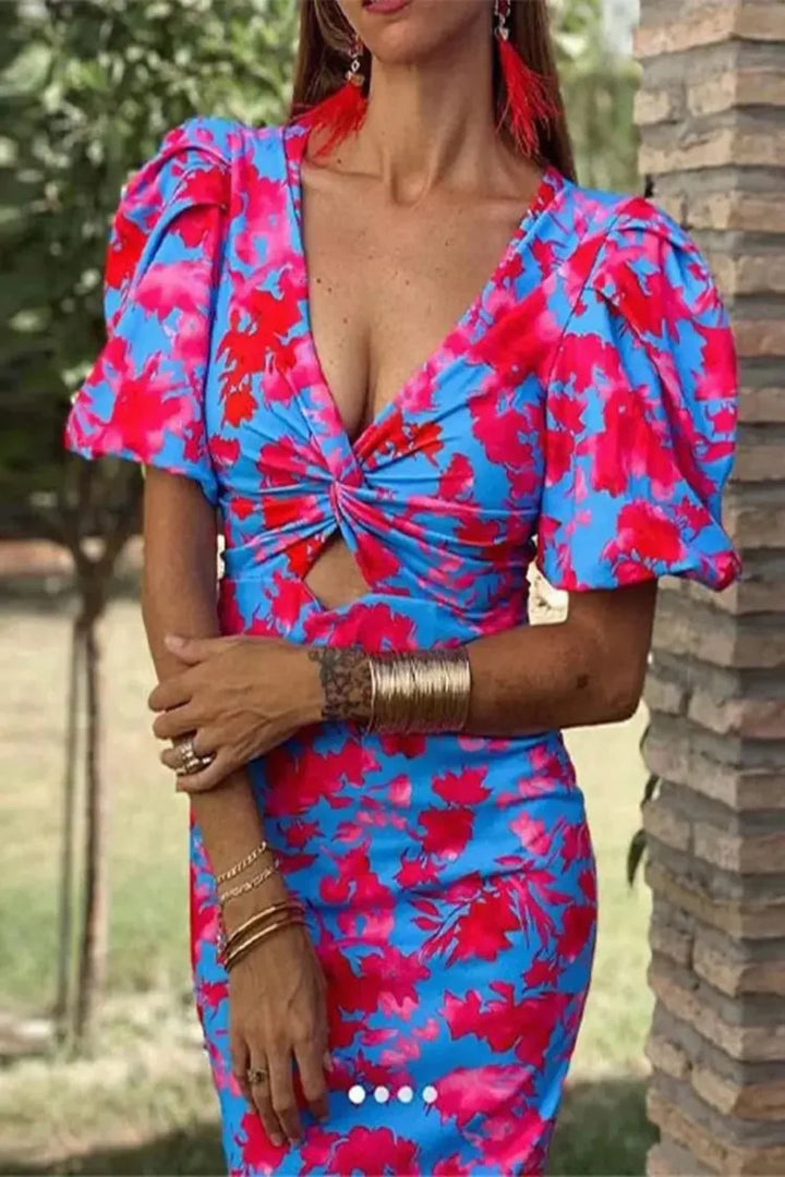 Women's Floral Puff Sleeve Cotton Midi Dress - Summer Occasion