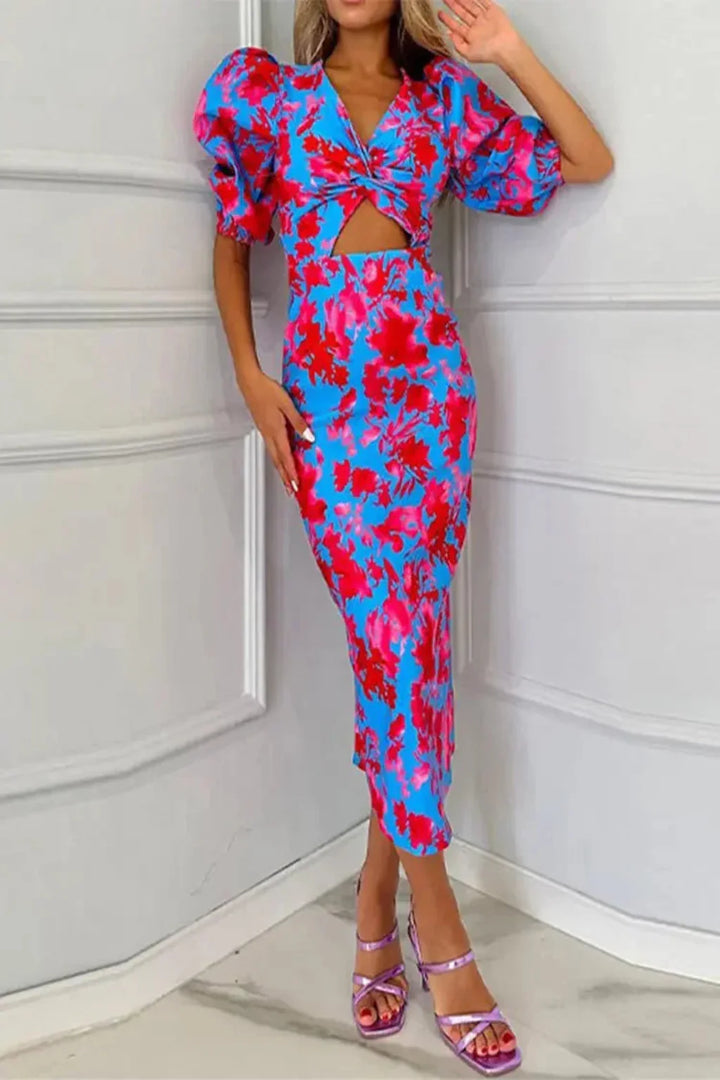 Women's Floral Puff Sleeve Cotton Midi Dress - Summer Occasion