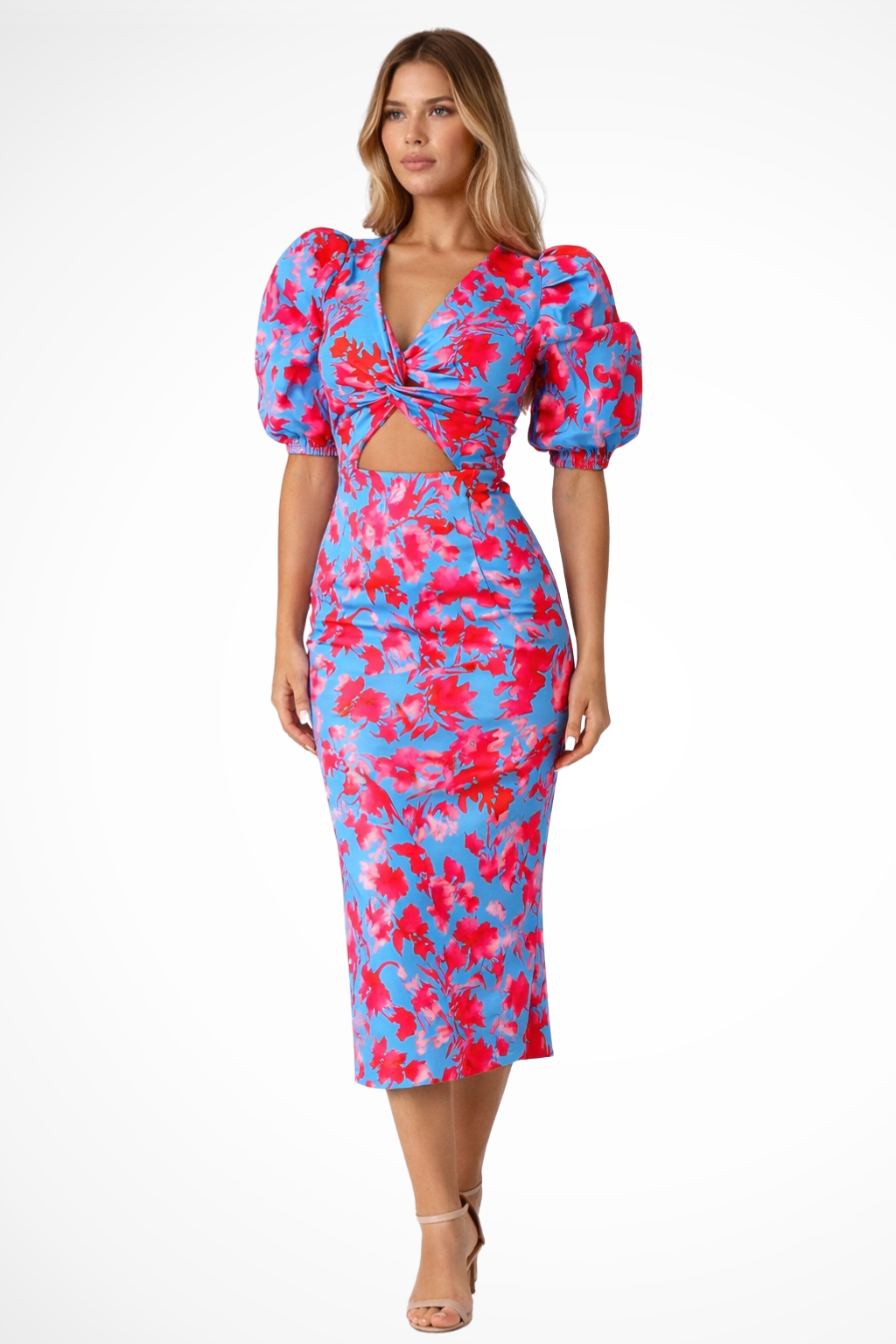 Women's Floral Puff Sleeve Cotton Midi Dress - Summer Occasion