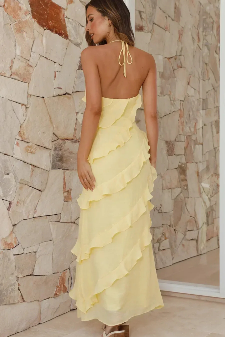 Women's Halter Neck Ruffle Chiffon Maxi Dress - Summer Beach