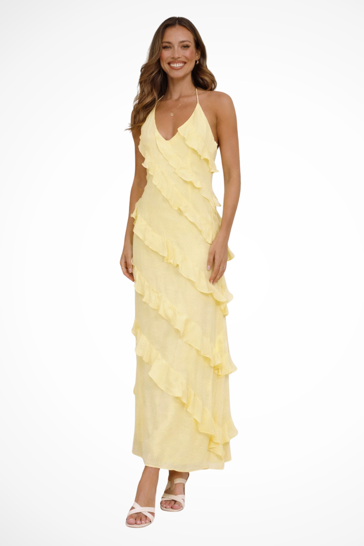 Women's Halter Neck Ruffle Chiffon Maxi Dress - Summer Beach