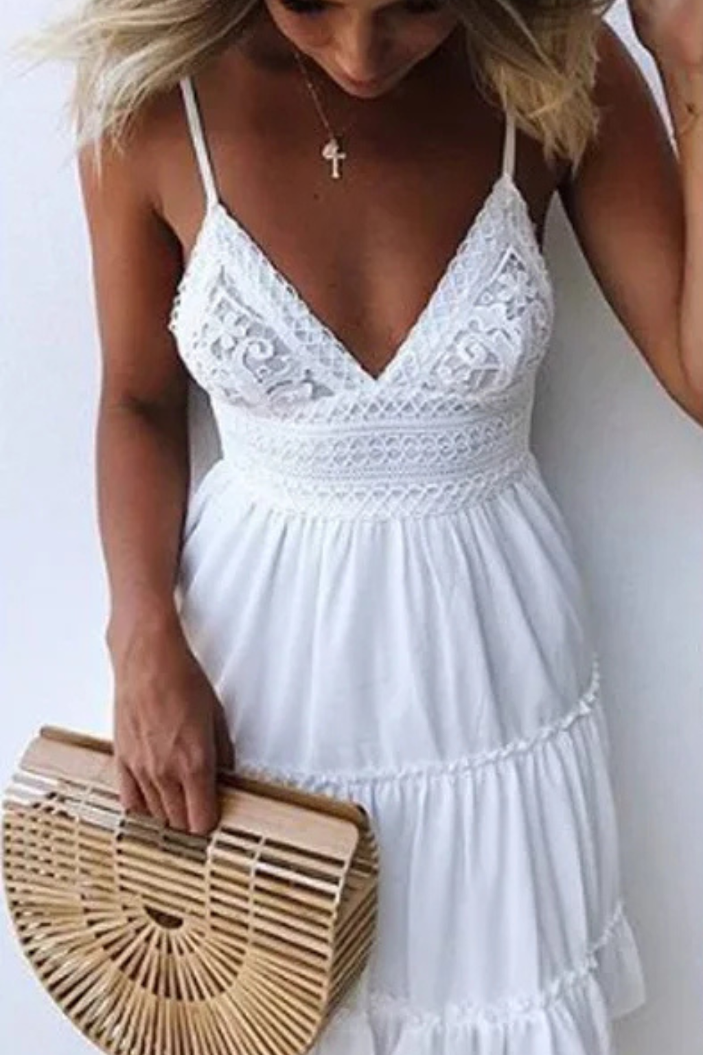 Women's Lace White Midi Dress - Summer Occasion