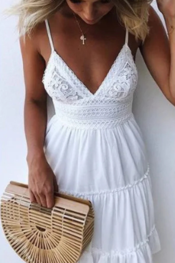 Women's Lace White Midi Dress - Summer Occasion
