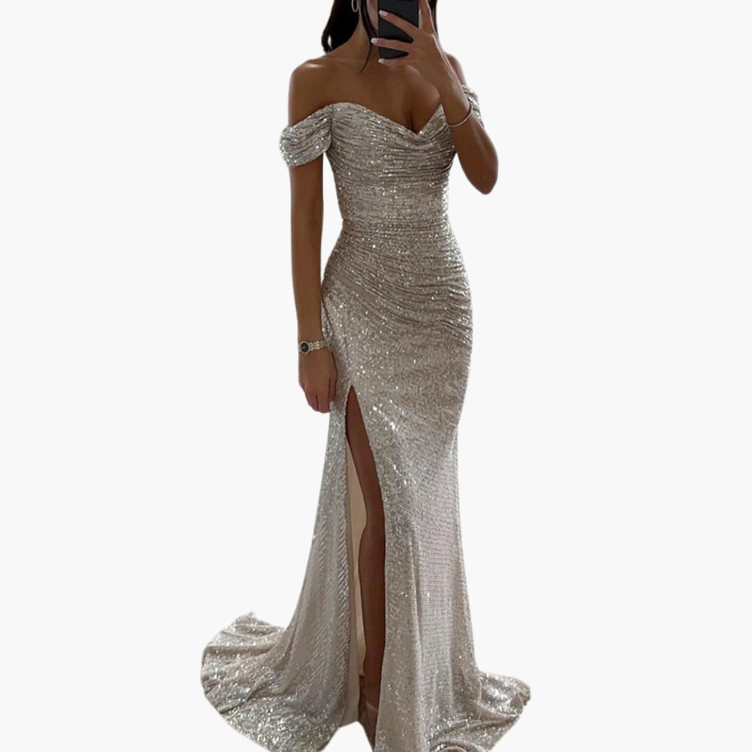 Women's Off-Shoulder Sequin Maxi Dress - Evening Glam