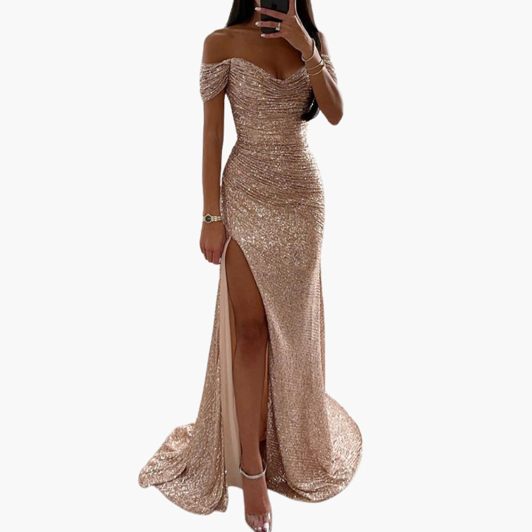 Women's Off-Shoulder Sequin Maxi Dress - Evening Glam