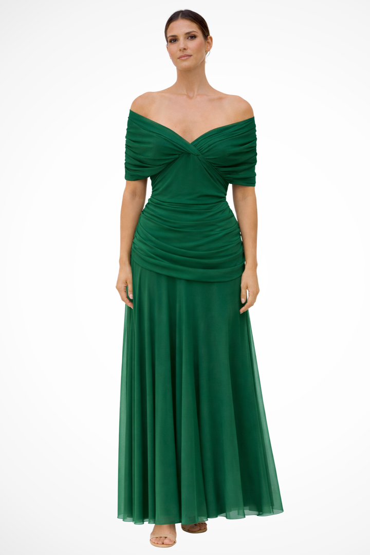 Women's Pleated Off-Shoulder Chiffon Midi Dress - Summer Occasion