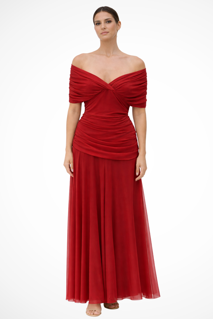 Women's Pleated Off-Shoulder Chiffon Midi Dress - Summer Occasion