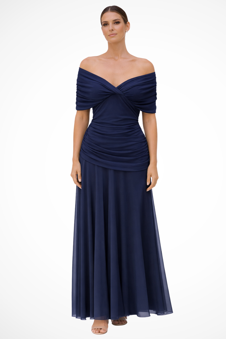 Women's Pleated Off-Shoulder Chiffon Midi Dress - Summer Occasion