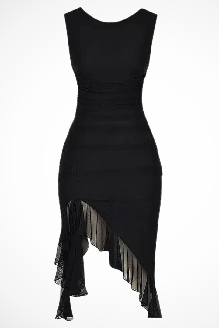 Women's Ruched Mesh Midi Dress - Summer Casual with Ruffle Slit