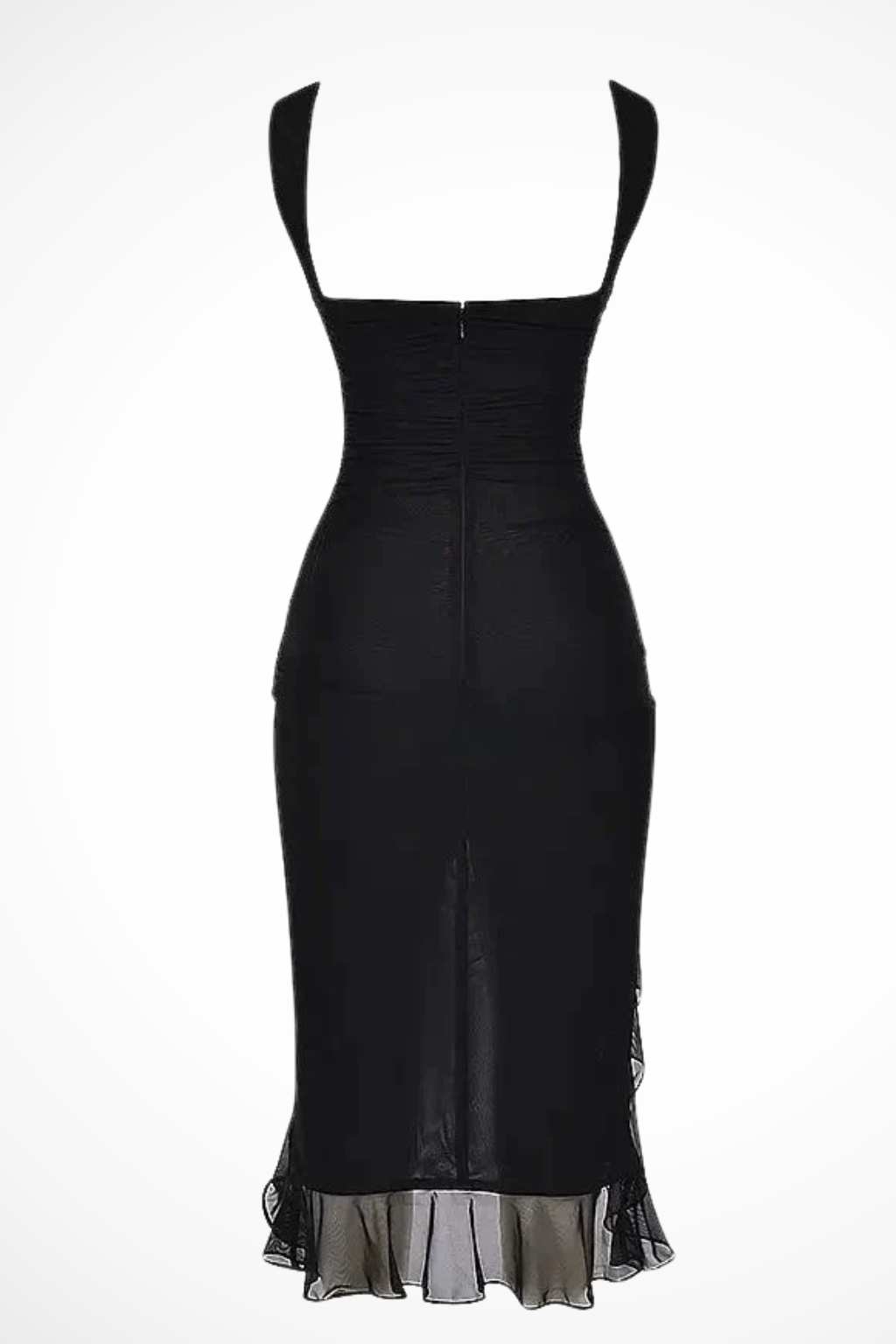 Women's Ruched Mesh Midi Dress - Summer Casual with Ruffle Slit