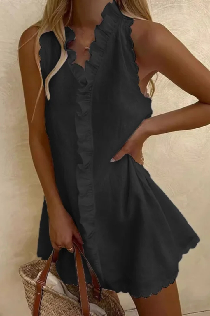Women's Ruffle Trim V Neck Cotton Mini Dress - Summer Casual