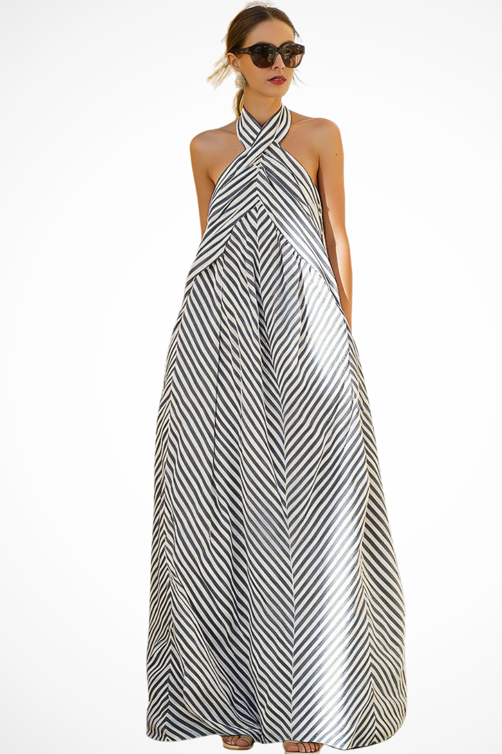Women's Striped Halter Neck Maxi Dress - Summer Beach