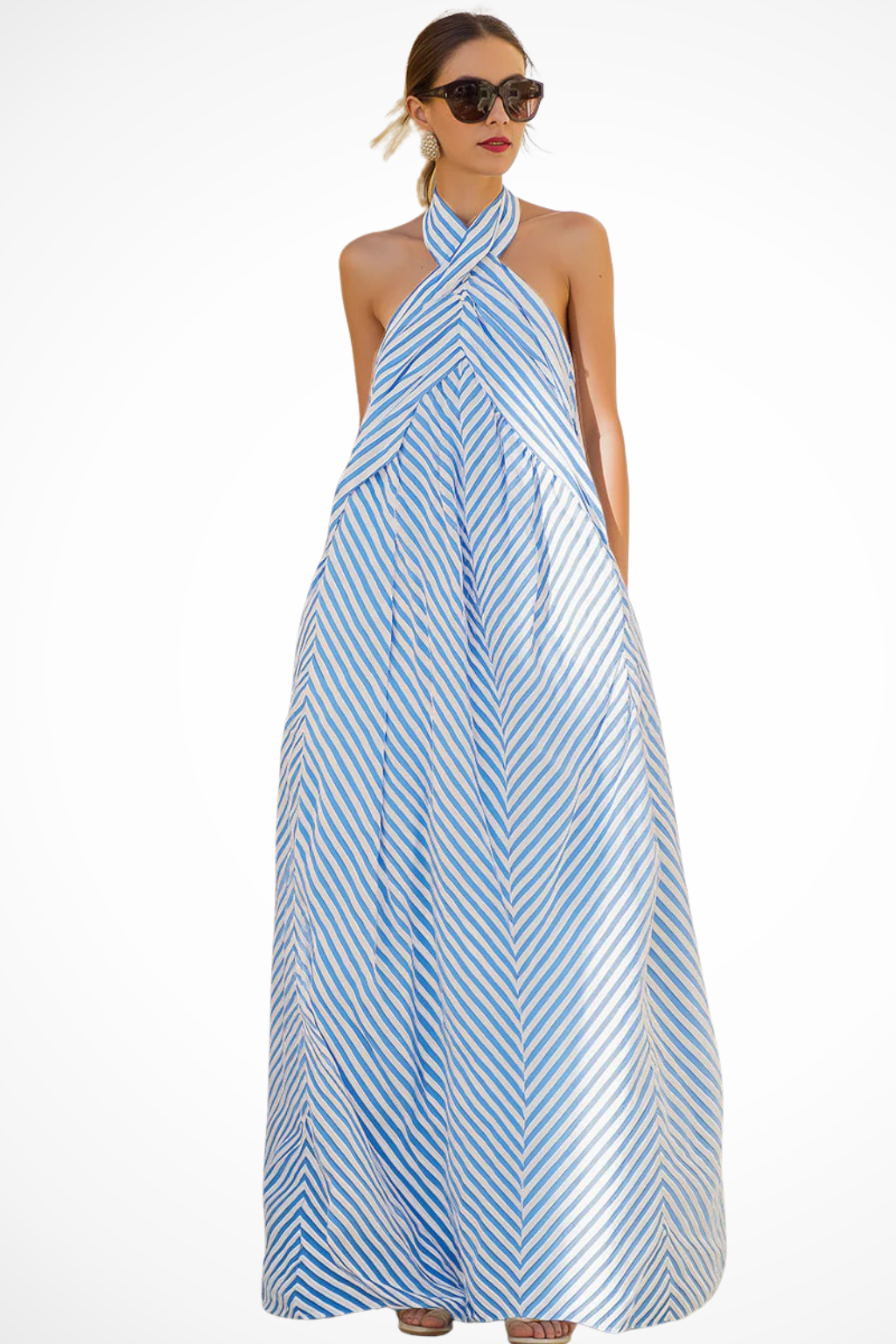 Women's Striped Halter Neck Maxi Dress - Summer Beach