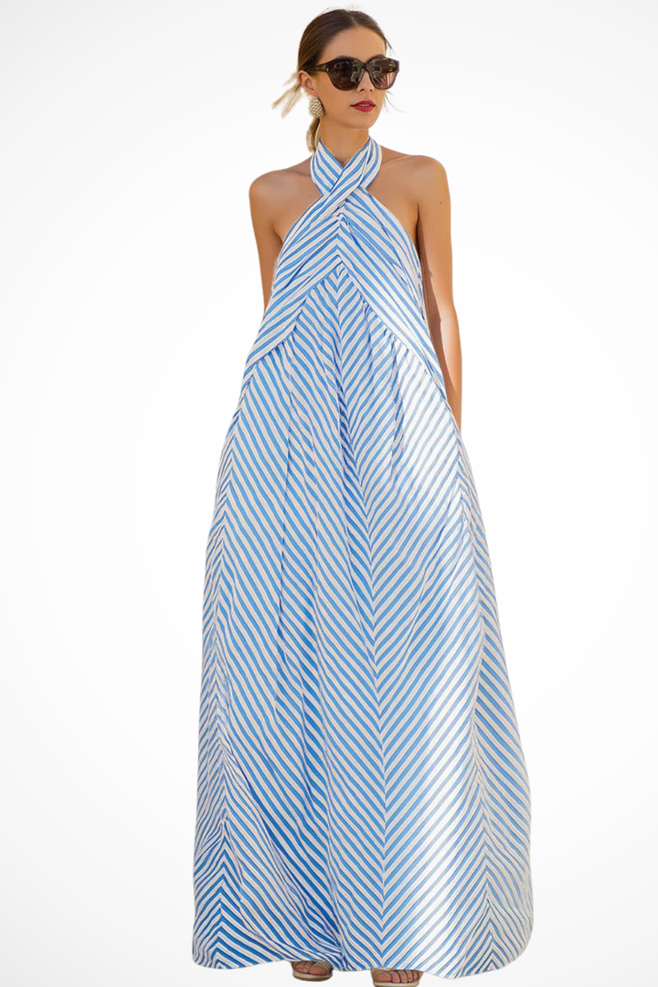 Women's Striped Halter Neck Maxi Dress - Summer Beach