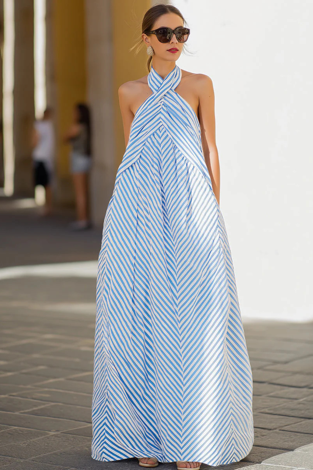 Women's Striped Halter Neck Maxi Dress - Summer Beach