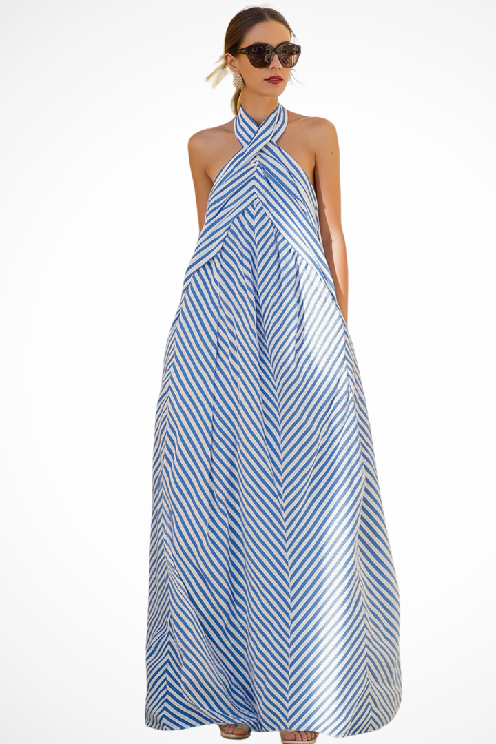 Women's Striped Halter Neck Maxi Dress - Summer Beach