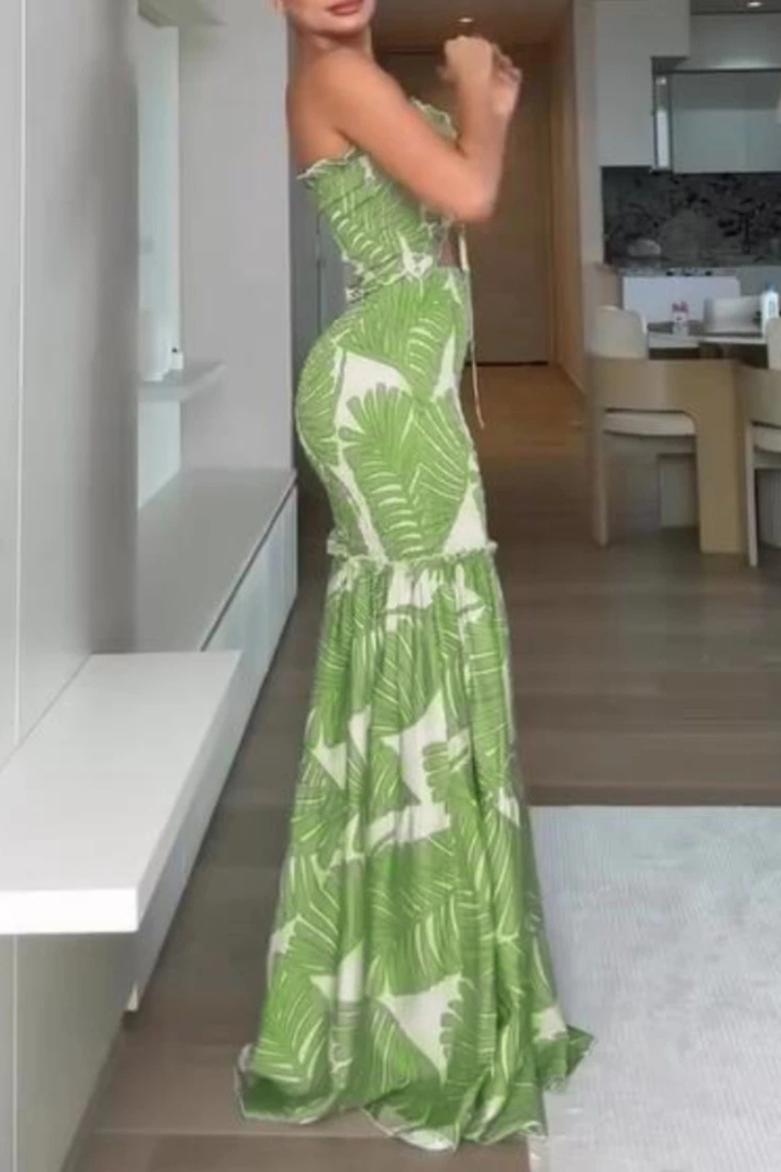 Women's Tropical Print Strapless Ruched Maxi Dress - Summer Beach