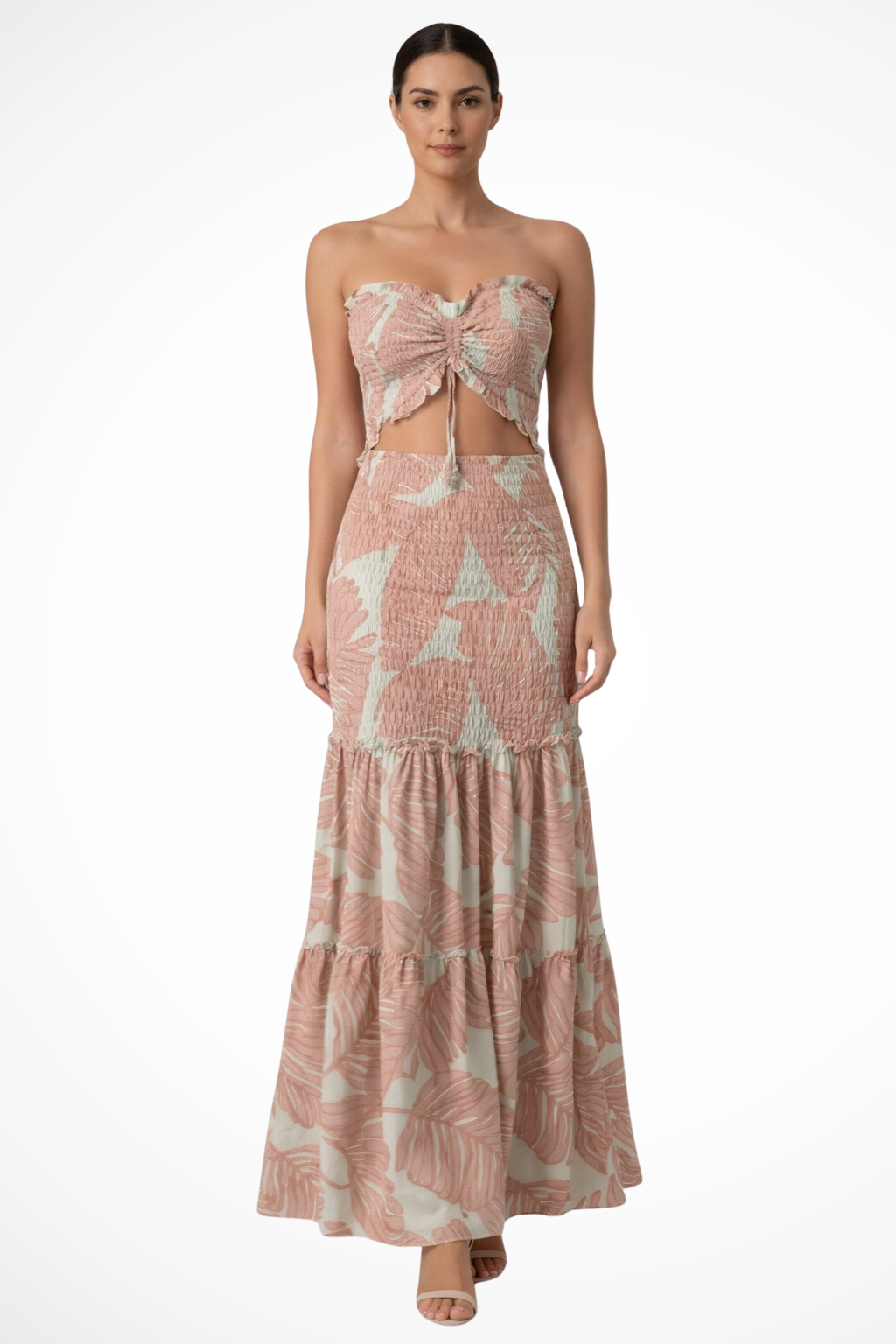 Women's Tropical Print Strapless Ruched Maxi Dress - Summer Beach