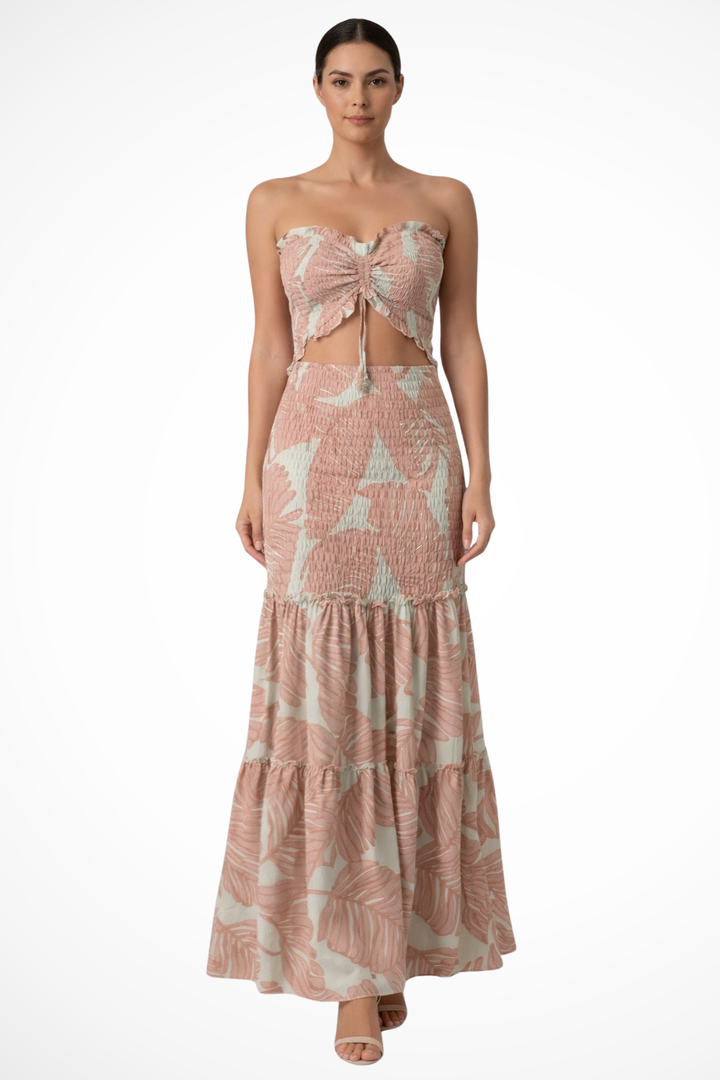 Women's Tropical Print Strapless Ruched Maxi Dress - Summer Beach