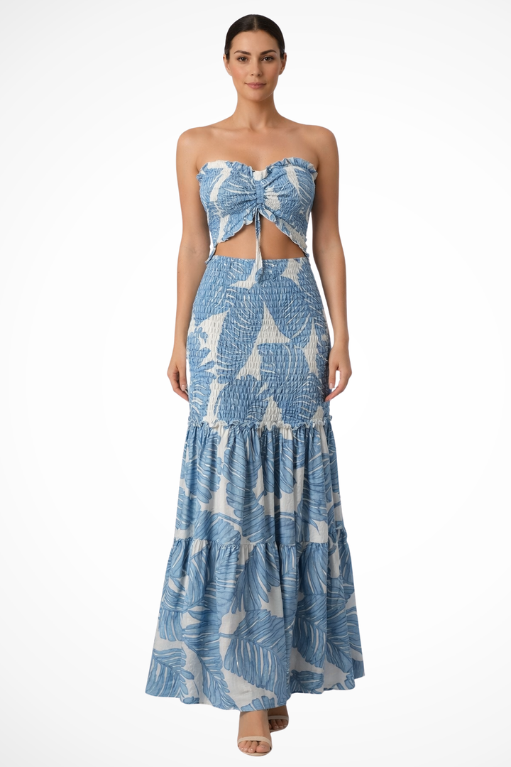 Women's Tropical Print Strapless Ruched Maxi Dress - Summer Beach