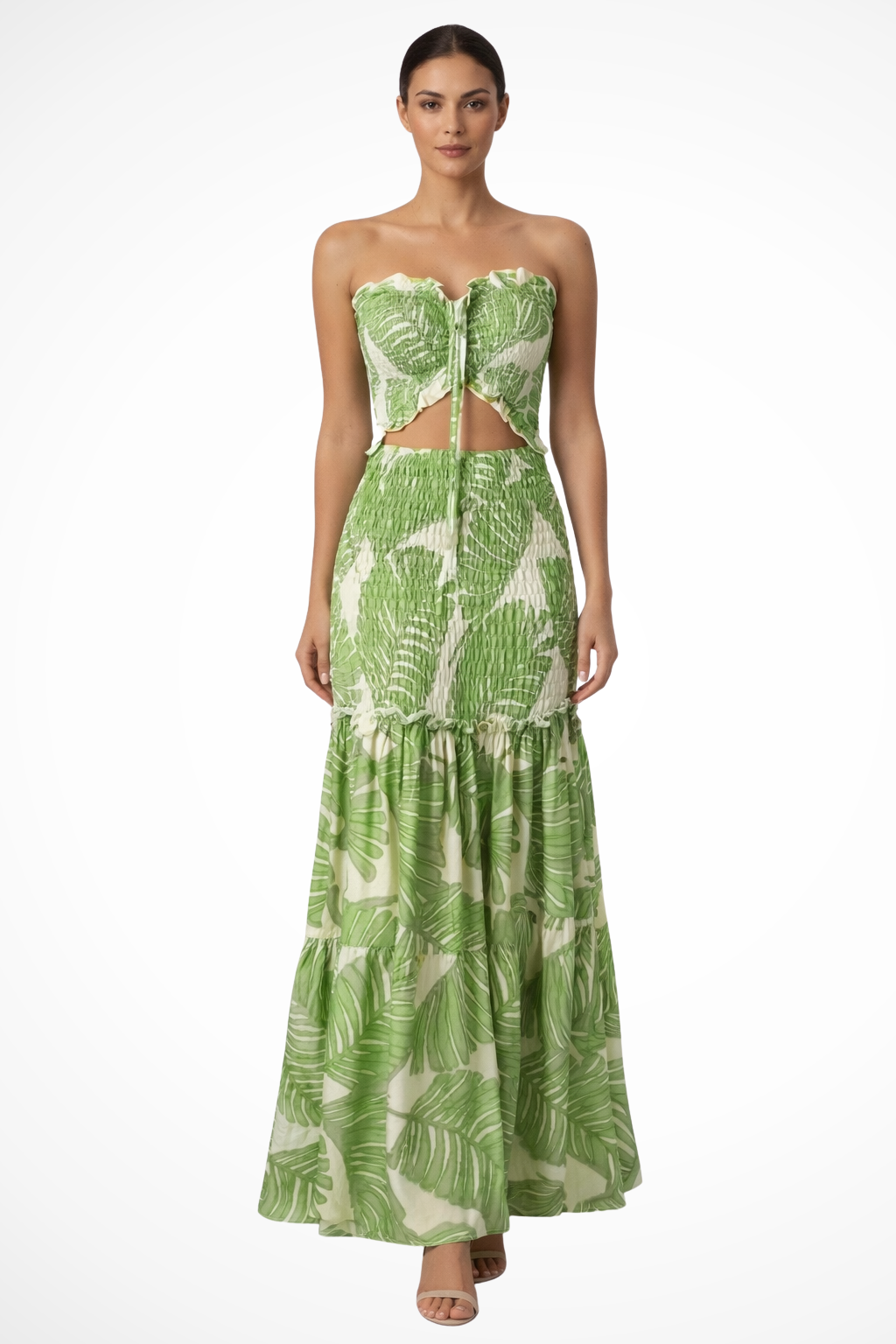 Women's Tropical Print Strapless Ruched Maxi Dress - Summer Beach